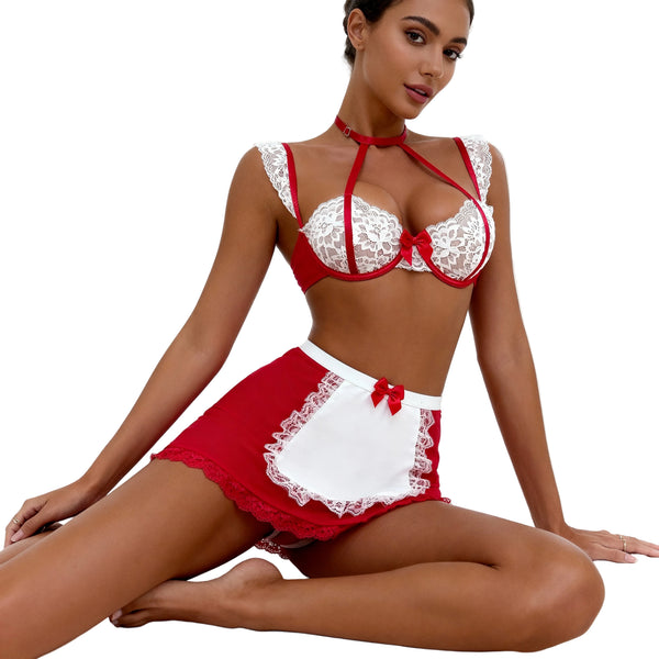 Léa's Secrets – Three-piece red and white lace lingerie set – Louise