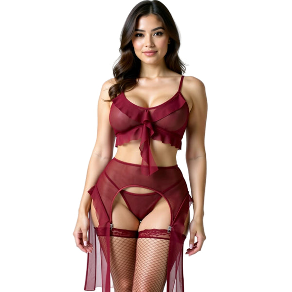 Léa's Secrets – Three-piece burgundy tulle lingerie set – Margaux