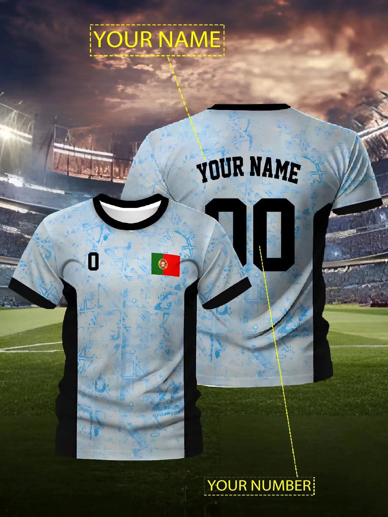 Personalisiertes Fußballtrikot mit Namen und Nummer, blau/schwarz