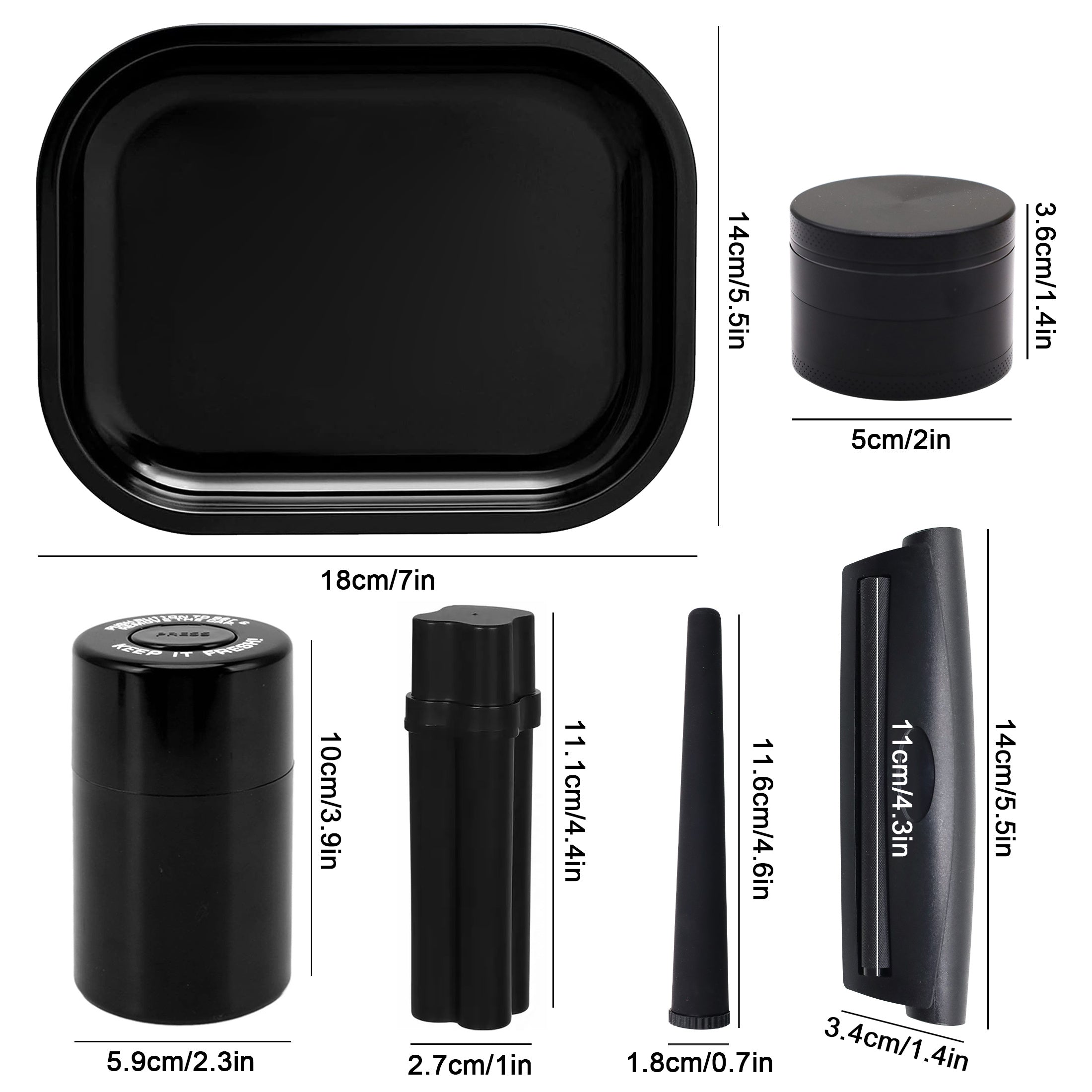 Set Fumeur Noir 7pcs : Grinder 50mm, Plateau, Pipe, Rouleur Cadeau by LSDLBoutique.ch