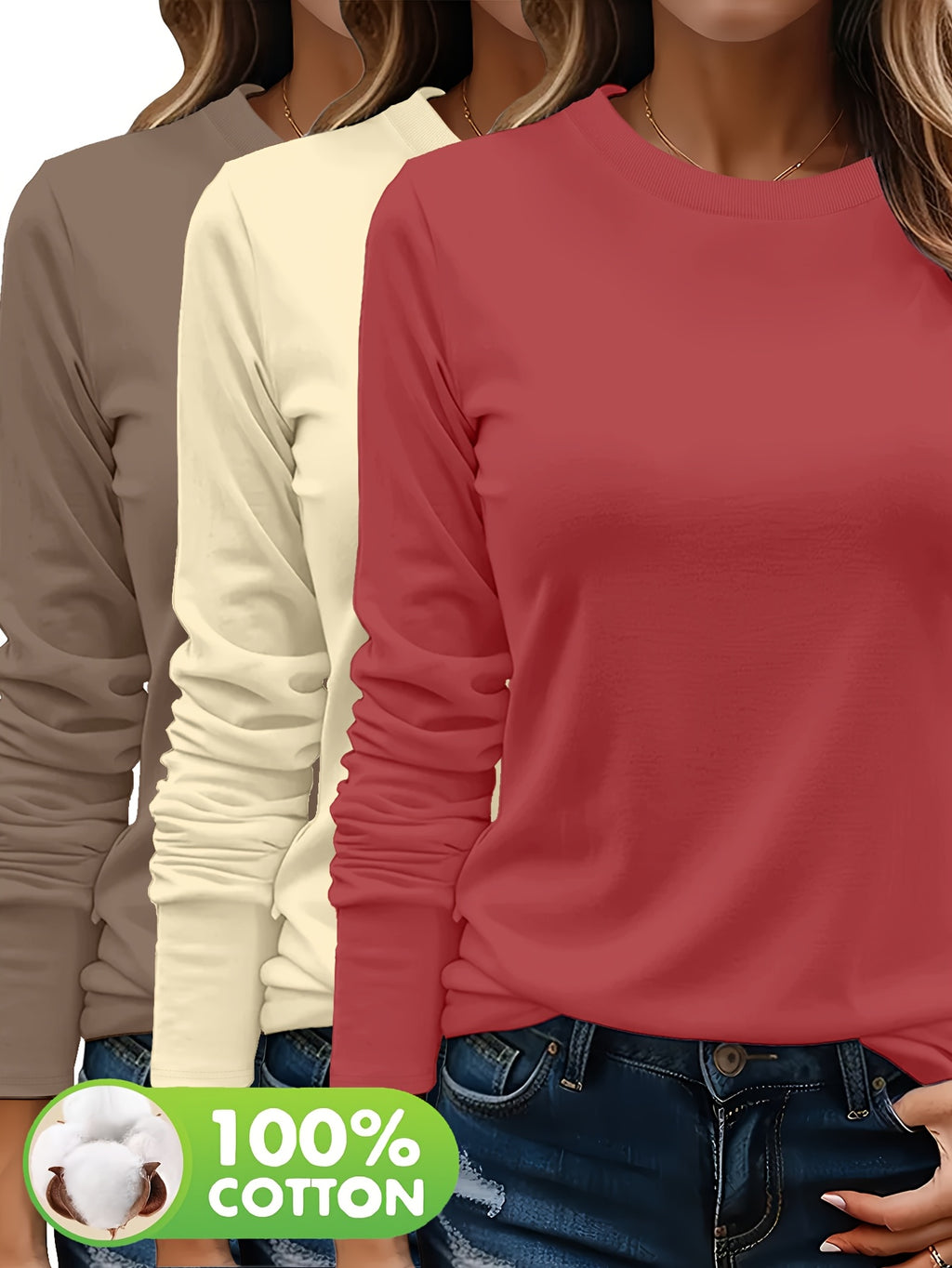 Lot De Trois T Shirts Femme Manches Longues Col Rond Coton 100 Pour Cent Confort Casual Basique by LSDLBoutique.ch