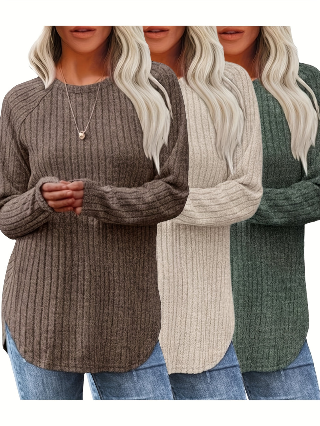 Lot De 3 Pulls Femme Élégants Col Rond Manches Longues Doux Et Légers Minimalistes Pour Le Quotidien by LSDLBoutique.ch