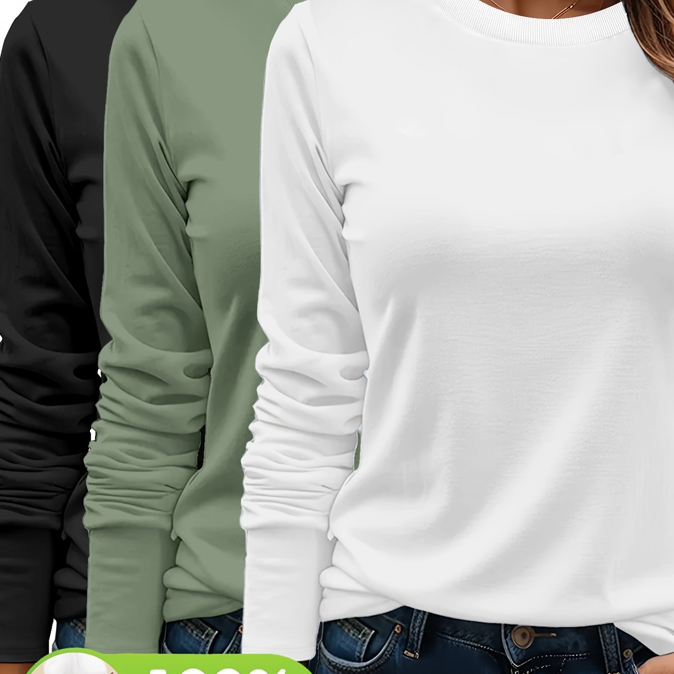 Lot De Trois T Shirts Femme Manches Longues Col Rond Coton 100 Pour Cent Confort Casual Basique by LSDLBoutique.ch