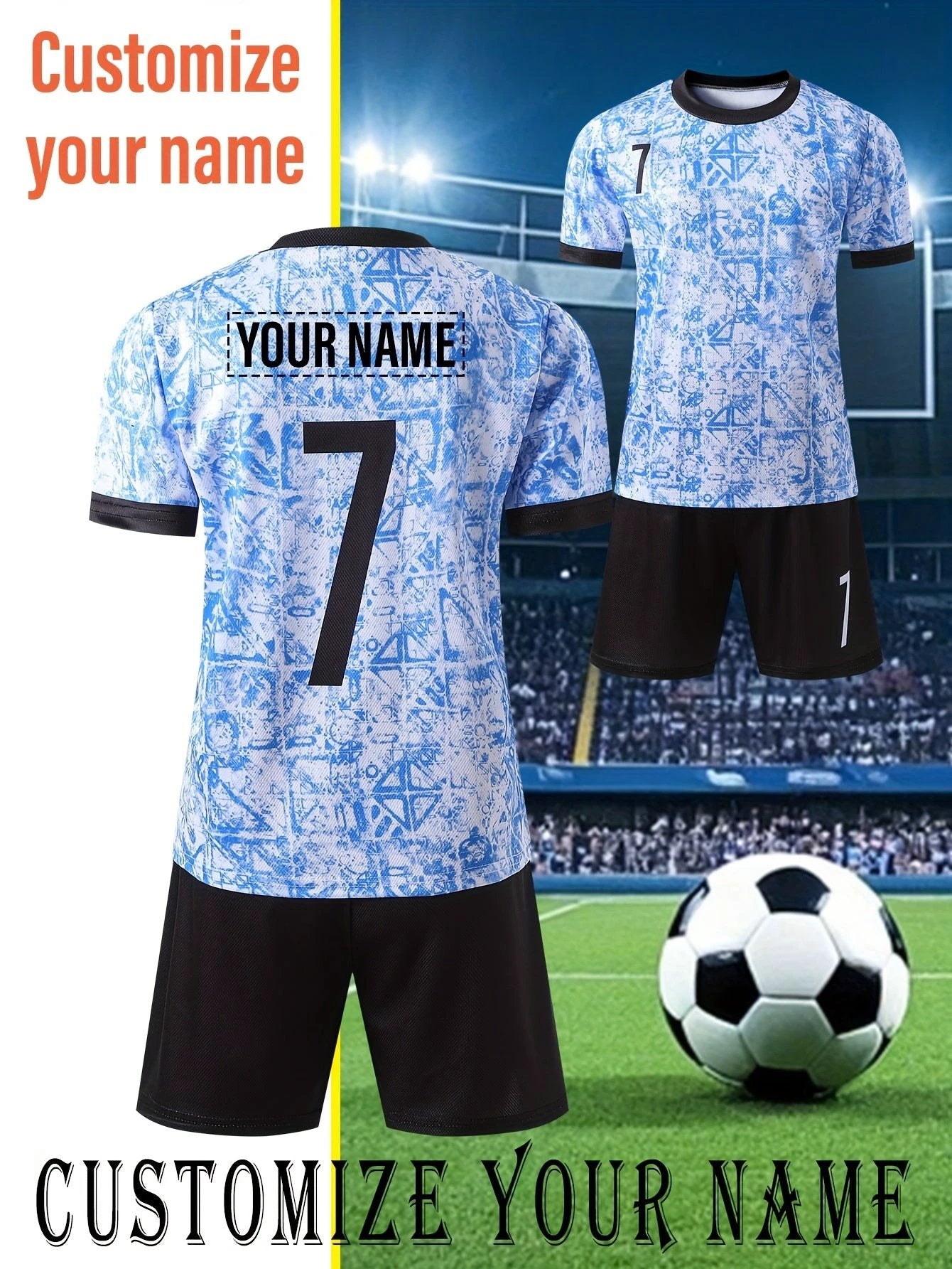 Personalisierbares Fußballtrikot und Shorts für Kinder – Hellblau