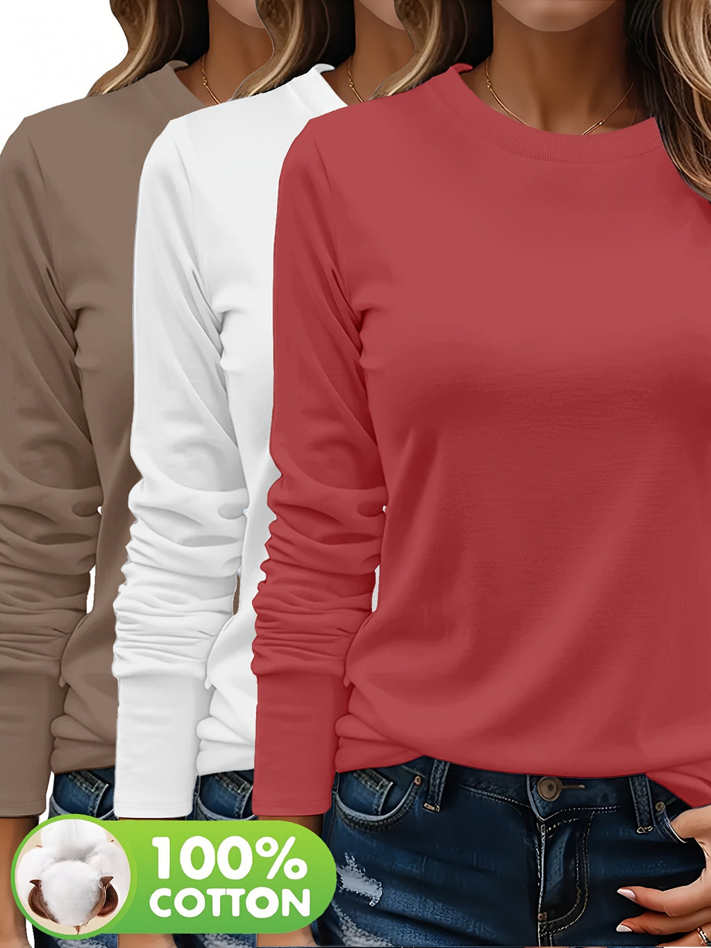 Lot De Trois T Shirts Femme Manches Longues Col Rond Coton 100 Pour Cent Confort Casual Basique by LSDLBoutique.ch