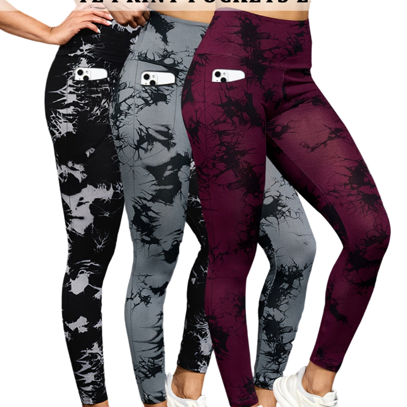 Lot De 3 Leggings Femme Taille Haute Avec Contrôle Du Ventre Imprimé Tie Dye Poches Stretch Opaques by LSDLBoutique.ch