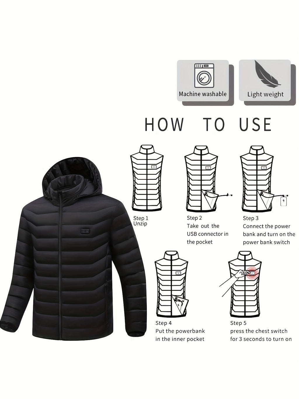 Veste Chauffante Homme Légère À Capuche Pour Randonnée Outdoor Sans Batterie Nylon Tissé by LSDLBoutique