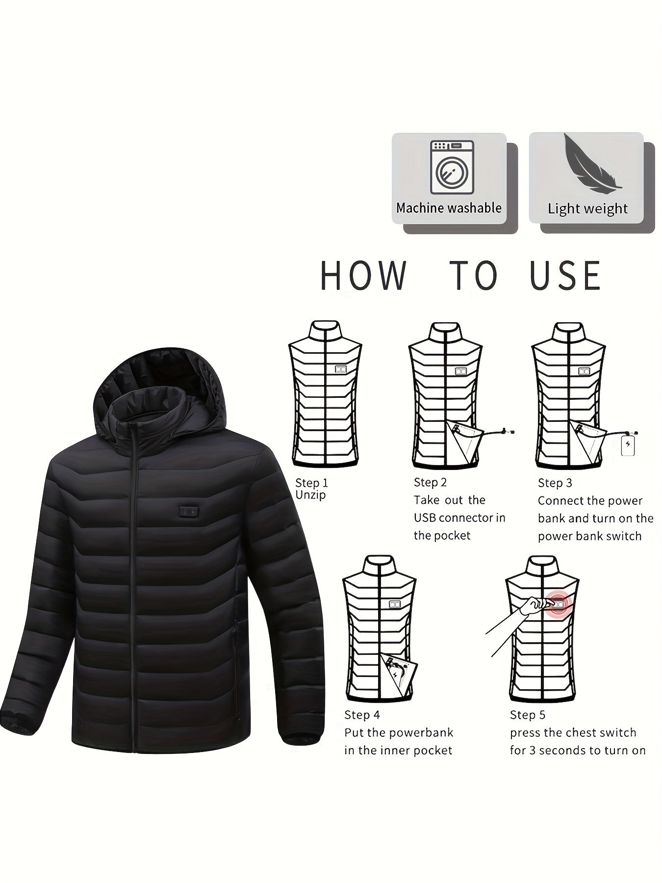 Veste Chauffante Homme Légère À Capuche Pour Randonnée Outdoor Sans Batterie Nylon Tissé by LSDLBoutique