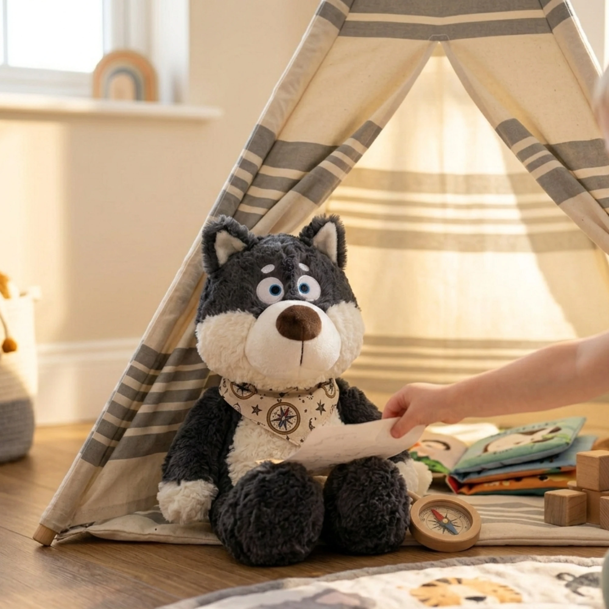Peluche Loup Gris 40 cm, noir/gris avec collier imprimé boussole, assise sous un tipi.