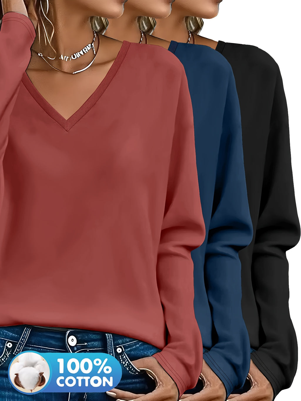 Lot de 3 Pulls Femme Col V Manches Longues 100 Pour Cent Coton Style Casual Élégant by LSDLBoutique.ch