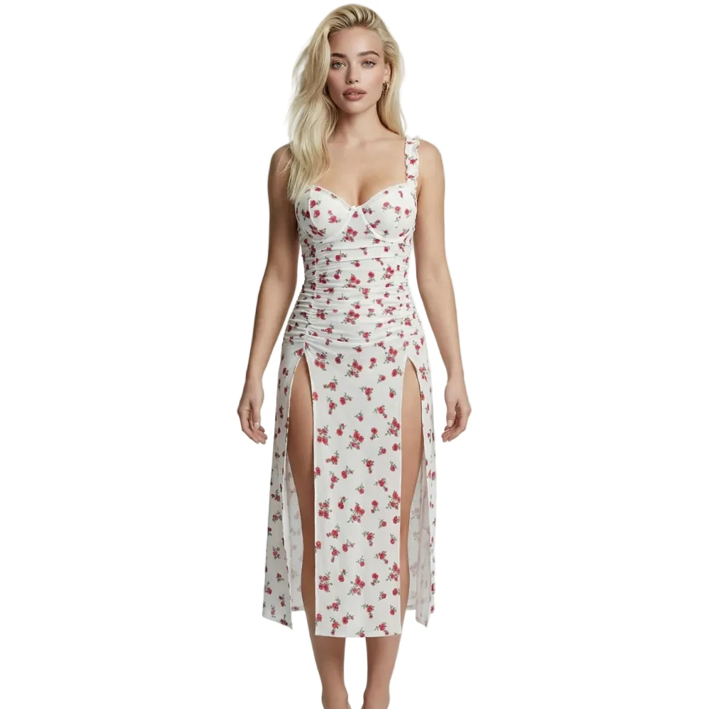 Les Secrets de Léa – robe fendue blanche à fleurs – Gabriella