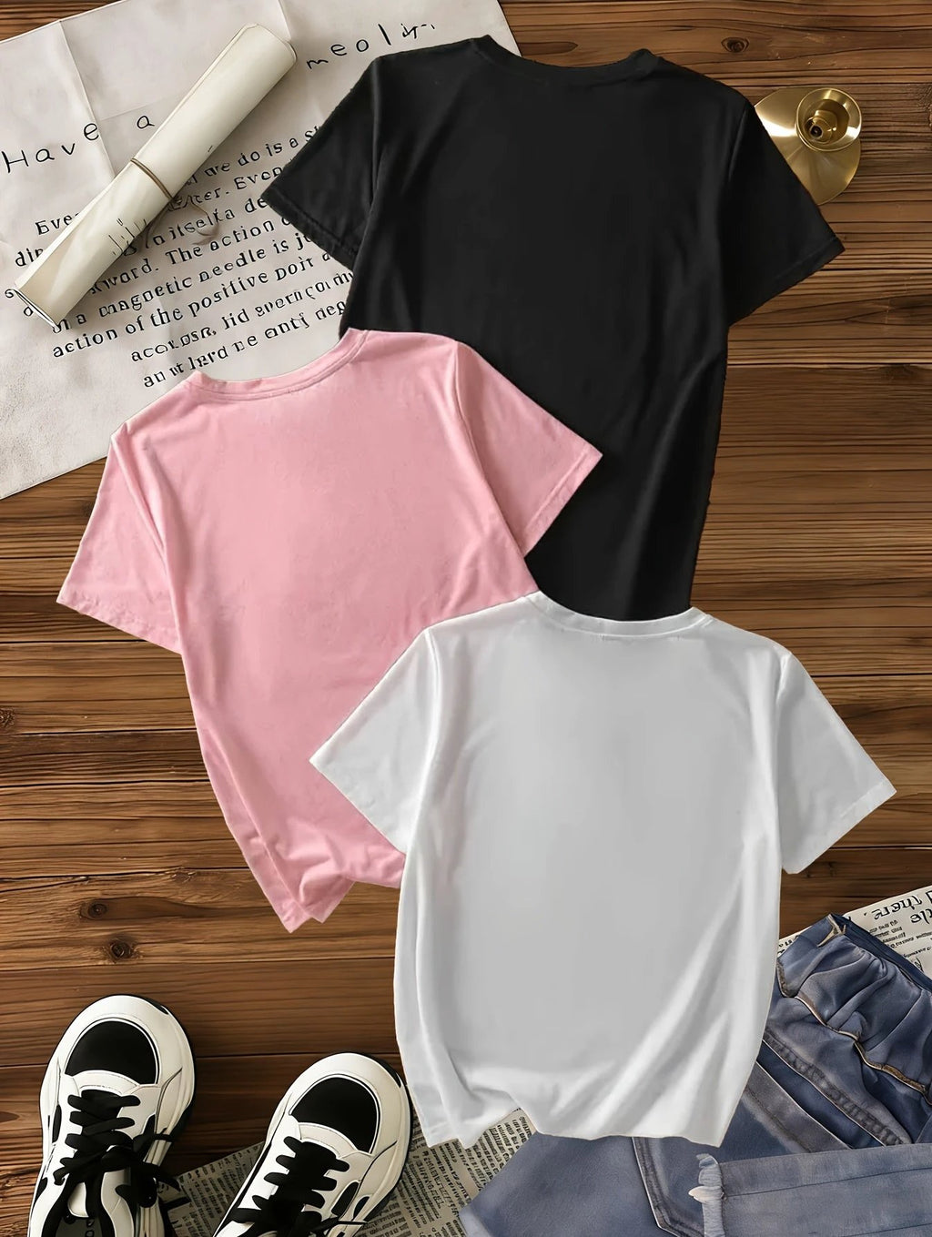 Set mit 3 Mädchen-T-Shirts mit Herz-Leopardenmuster in Schwarz, Rosa und Weiß