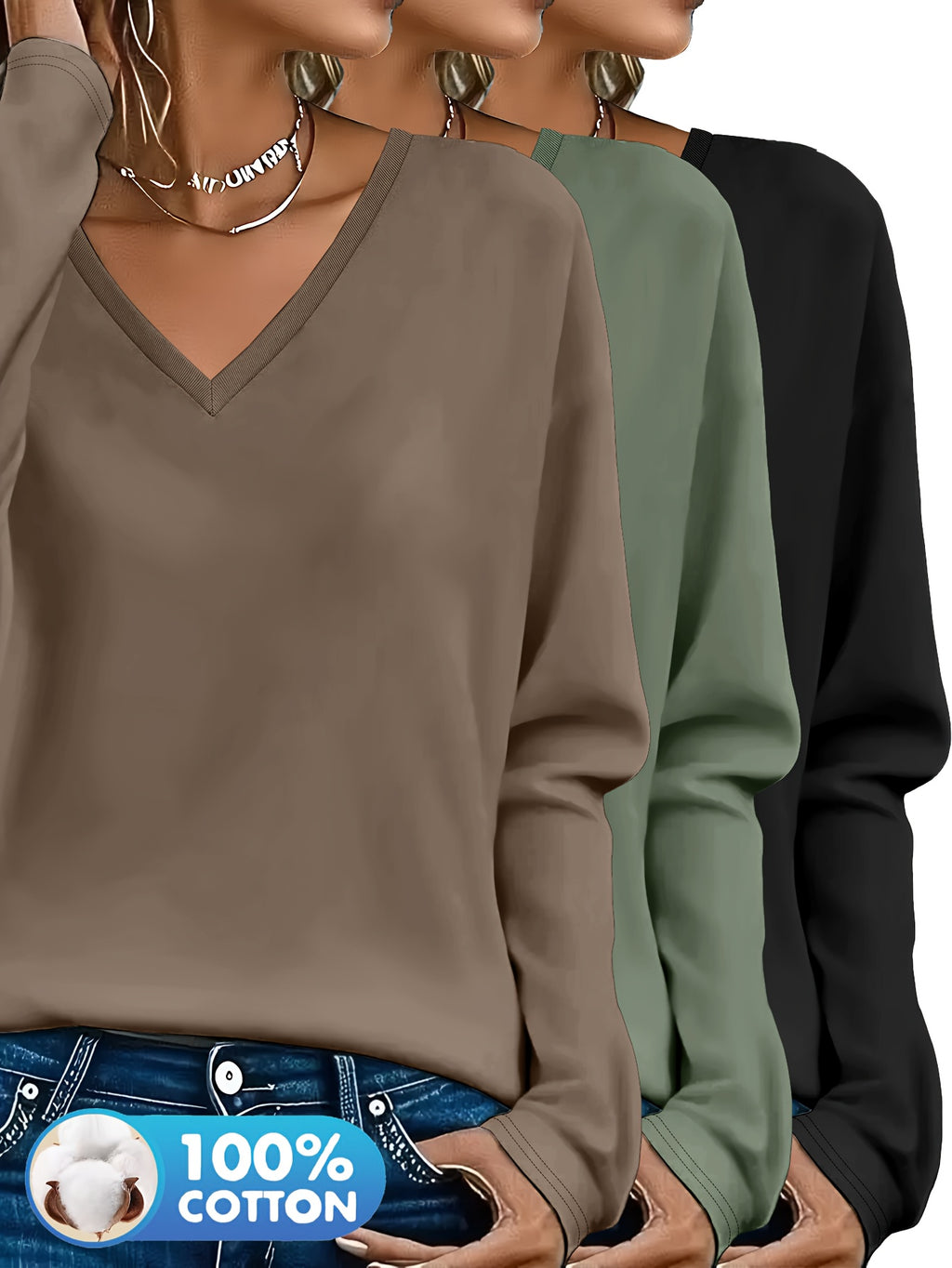 Lot de 3 Pulls Femme Col V Manches Longues 100 Pour Cent Coton Style Casual Élégant by LSDLBoutique.ch