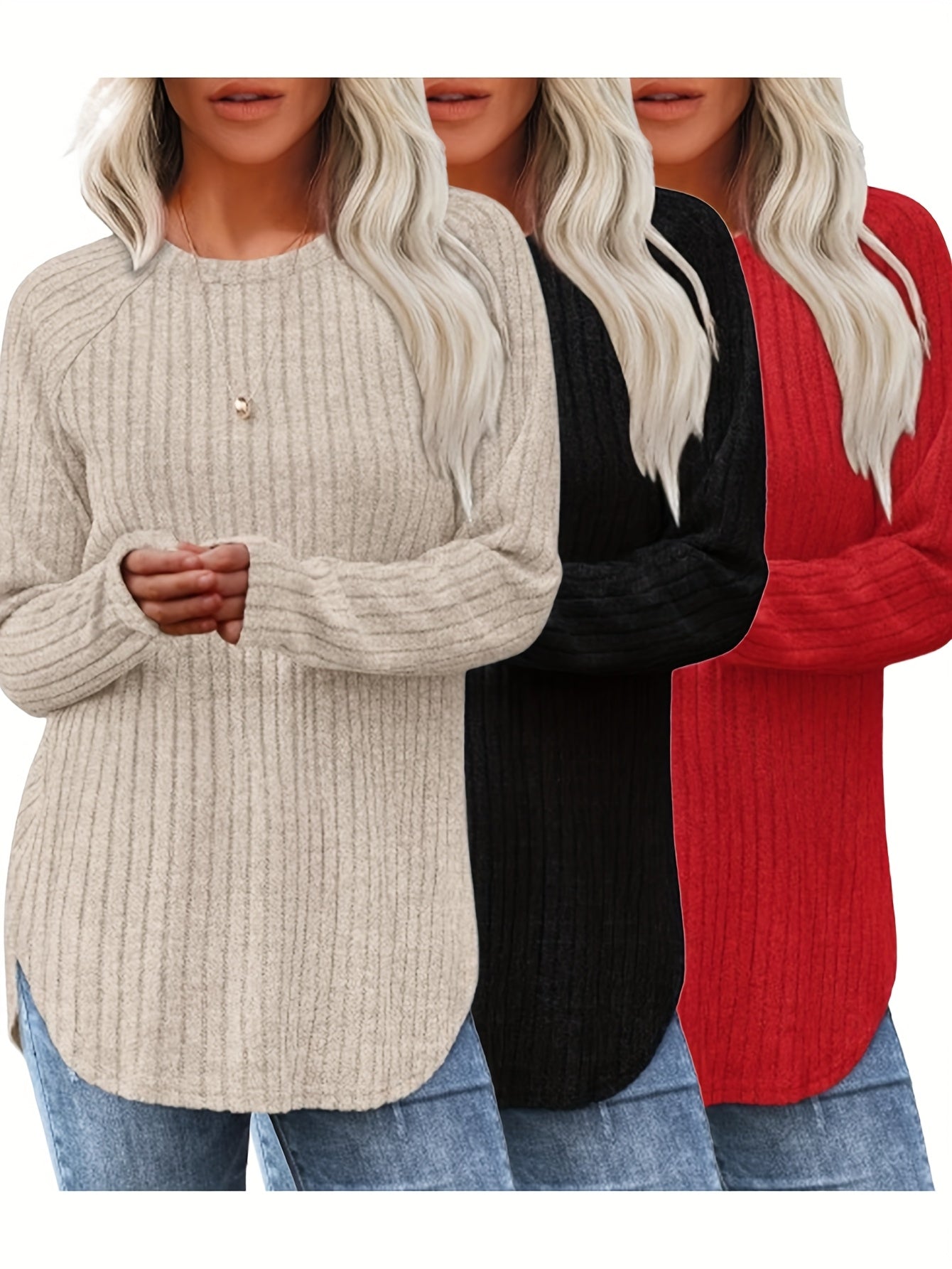 Lot De 3 Pulls Femme Élégants Col Rond Manches Longues Doux Et Légers Minimalistes Pour Le Quotidien by LSDLBoutique.ch