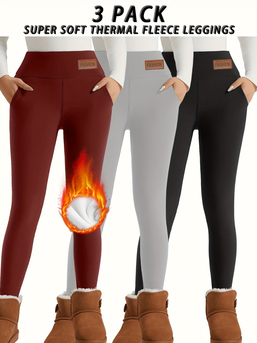 Lot De 3 Leggings Thermiques Femme Poches Taille Haute Doublés Polaire Doux Et Stretch by LSDLBoutique.ch