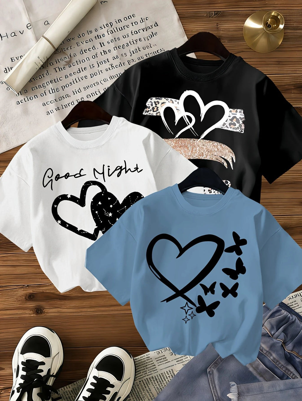 Set mit 3 Mädchen-T-Shirts mit Herz-Leopardenmuster in Schwarz, Rosa und Weiß