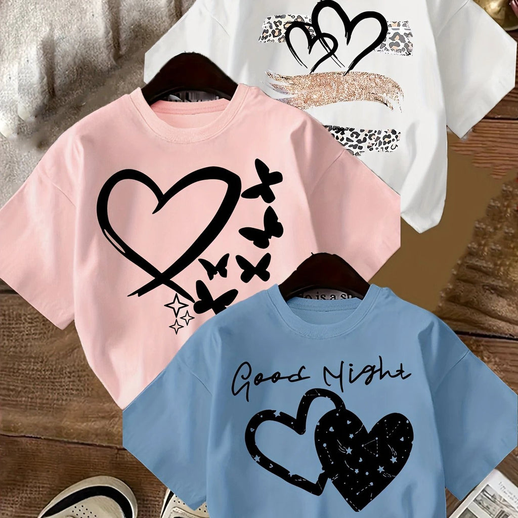 Set mit 3 Mädchen-T-Shirts mit Herz-Leopardenmuster in Schwarz, Rosa und Weiß