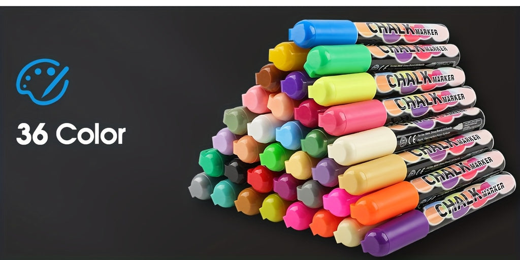 36 Marqueurs Craie Effaçables à l’Eau – Pointes Réversibles Biseautée/Ronde – Pour Tableau, Vitre, Miroir – Encre Lavable by LSDLBoutique.ch
