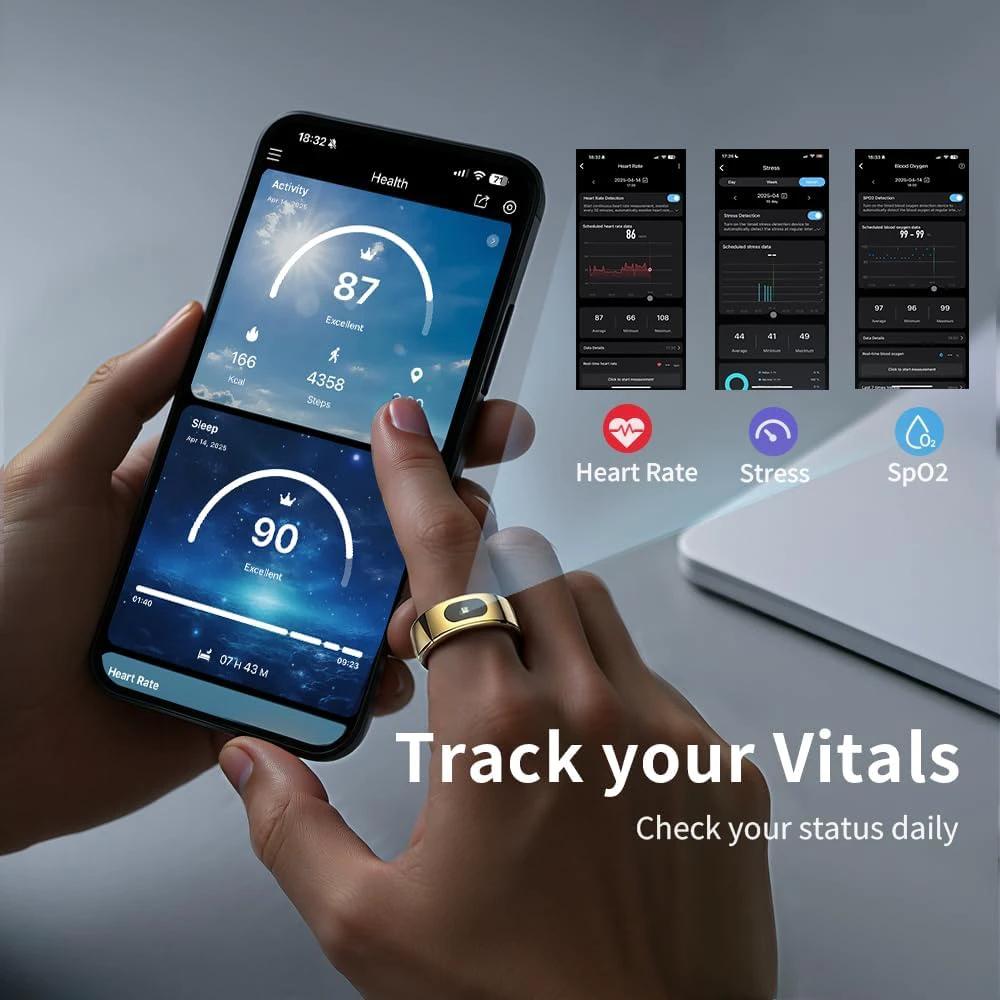 Smart Ring LED Touch Activity Tracker/Heart Rate/Sleep/Oximetry, 5ATM Smart Ring Music/Video Control, Smart Ring Fitness Tracker Compatible iOS/Android (Gold, 7)