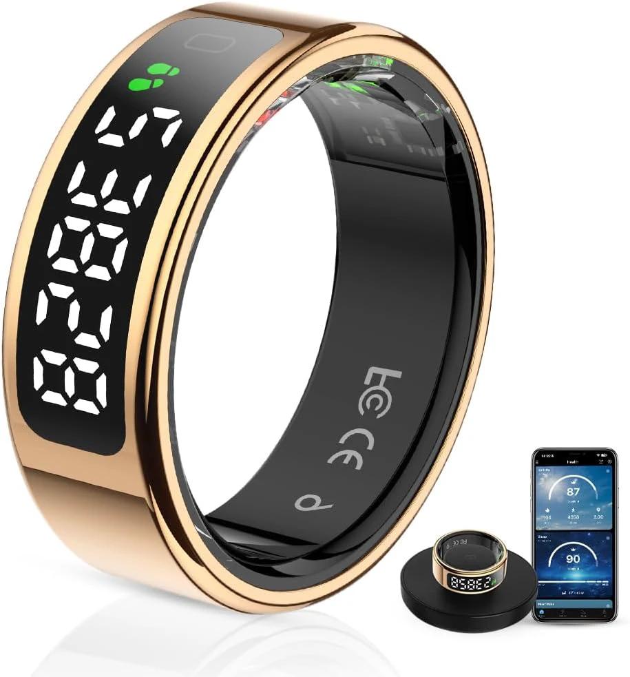 Smart Ring with LED Display, Activity Tracker/Heart Rate/Blood Oxygen/Women's Health/Sleep Touch Control Ring, Smart Ring Compatible iOS/Android (Gold, 10)