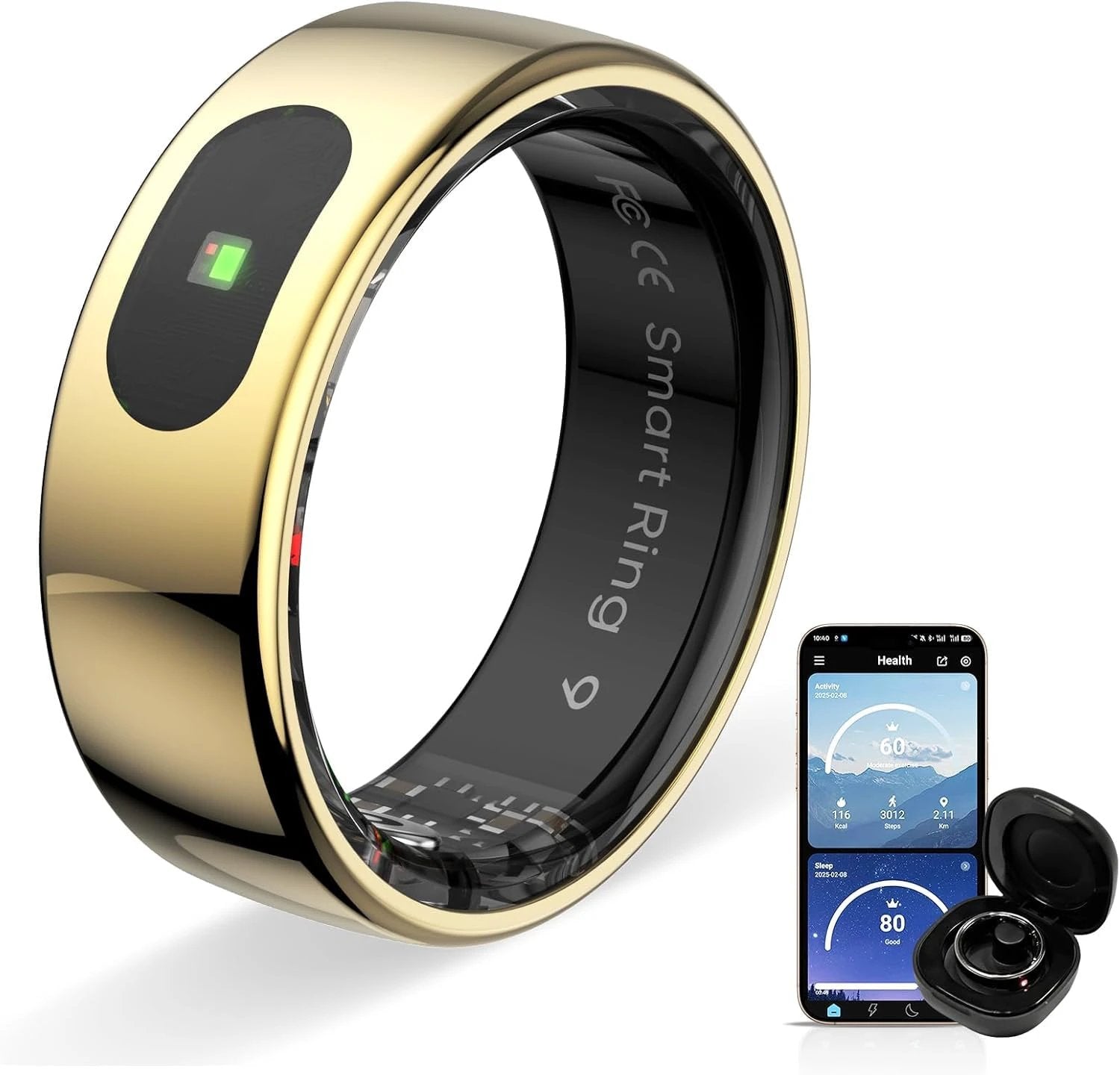 Smart Ring LED Touch Activity Tracker/Heart Rate/Sleep/Oximetry, 5ATM Smart Ring Music/Video Control, Smart Ring Fitness Tracker Compatible iOS/Android (Gold, 7)