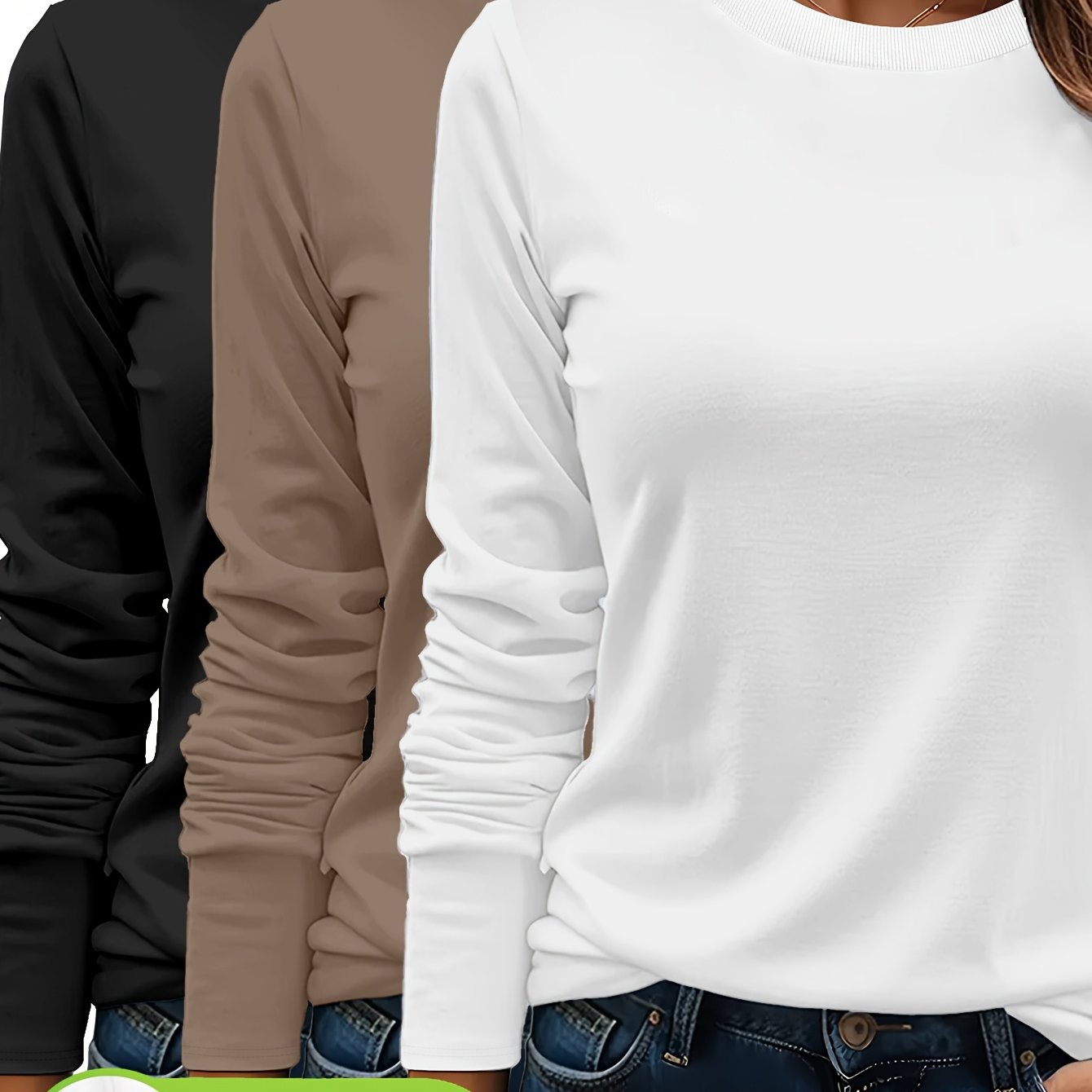 Lot De Trois T Shirts Femme Manches Longues Col Rond Coton 100 Pour Cent Confort Casual Basique by LSDLBoutique.ch