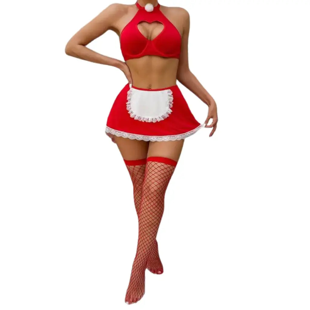 Alessandra Ensemble Quatre Pièces Rouge Découpe Cœur Tablier Dentelle Pour Femme Élégant Confortable Collection Luxe by Les Secrets de Léa