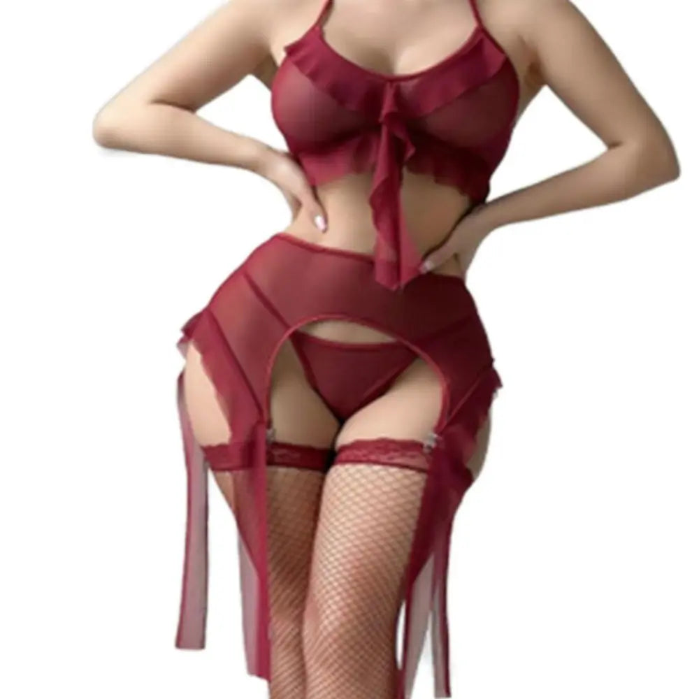 Margaux Ensemble Bordeaux Élégant Avec Haut Volants Jupe Portejarretelles Bas Assortis by Les Secrets de Léa