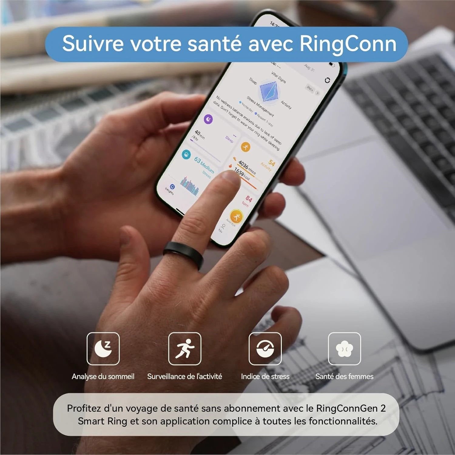 RingConn Gen 2 Smart Ring, World's First with OSA Monitoring, No App Subscription, 12 Days Battery, Stress/Heart Rate/Female Health Tracker, Android Compatible