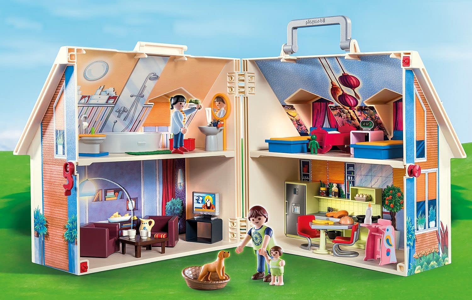 Playmobil 70985 Maison transportable - Dollhouse - avec Trois Personnages, Salle de Bains, Chambre, Salon et Cuisine - Tout équipée - La Maison Traditionnelle - s'ouvre s'emporte Partout - Dès 5 Ans