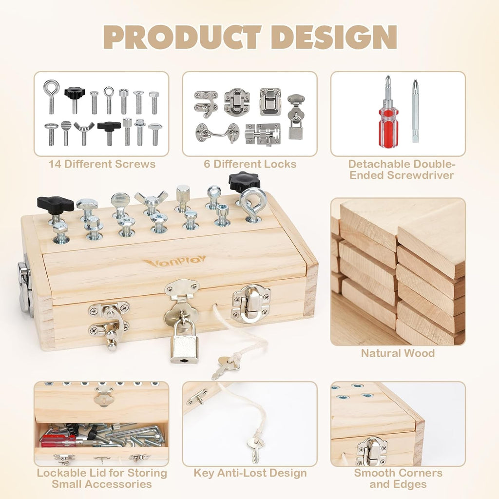 Vanplay Jouet Enfant 3 Ans, Jeux Montessori Outils Enfant Jouet en Bois Planche Montessori avec Visseuse Enfant, Serrure et Clé, Jeux Educatif Cadeau Enfant 3 4 5 Ans Garcon Fill