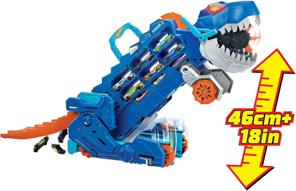 Hot Wheels Let’s Race Netflix - Camion City Transporteur T-Rex Qui Se Cabre pour Se Transformer en T-Rex avec Piste De Course, Lumières Et Sons, Jouet Enfant, Dès 3 Ans, HNG50