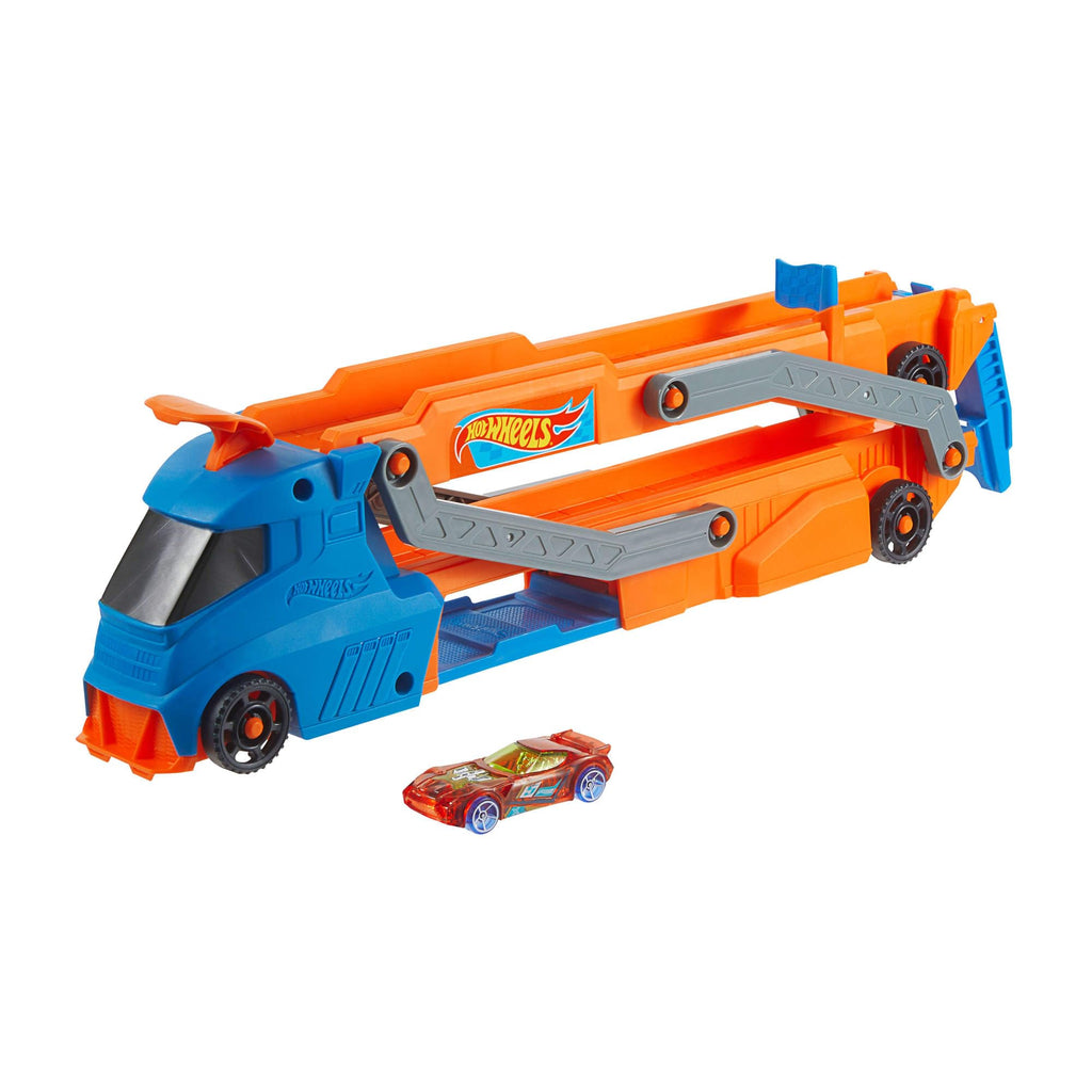Hot Wheels Let’s Race Netflix - Camion City Transporteur T-Rex Qui Se Cabre pour Se Transformer en T-Rex avec Piste De Course, Lumières Et Sons, Jouet Enfant, Dès 3 Ans, HNG50