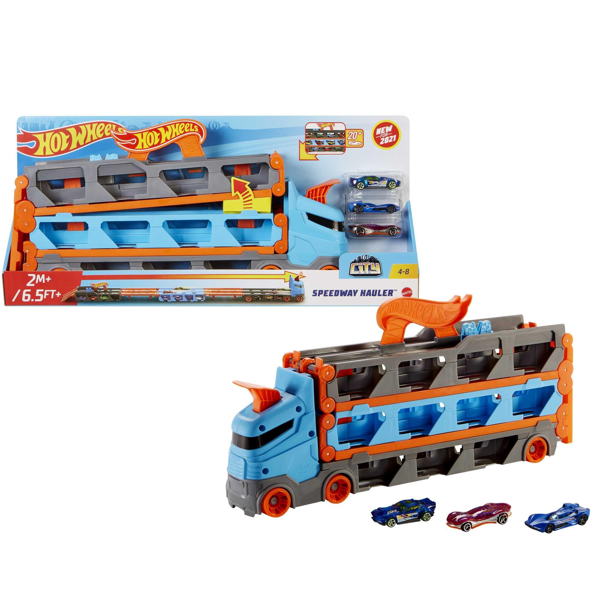 Hot Wheels Let’s Race Netflix - Camion City Transporteur T-Rex Qui Se Cabre pour Se Transformer en T-Rex avec Piste De Course, Lumières Et Sons, Jouet Enfant, Dès 3 Ans, HNG50