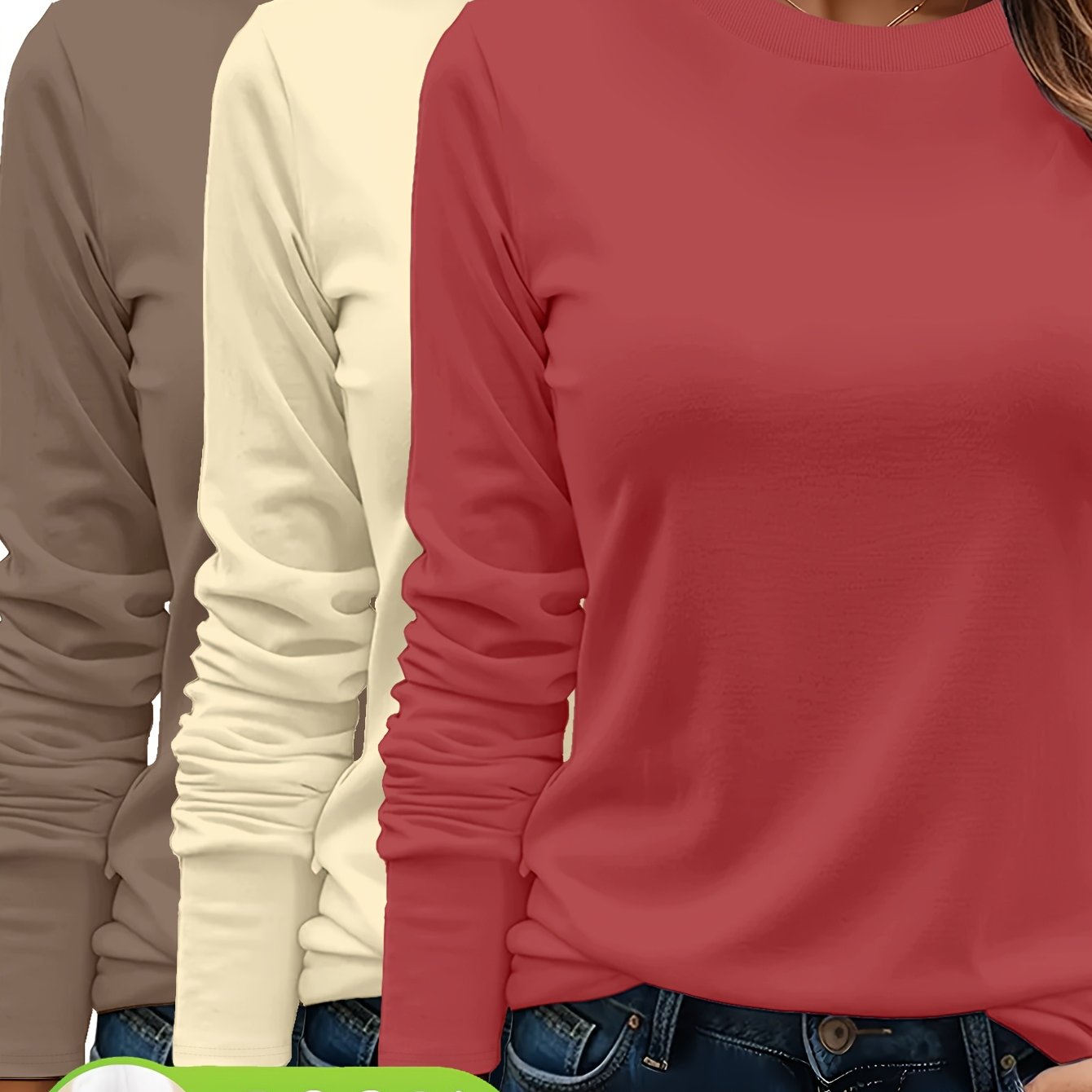 Lot De Trois T Shirts Femme Manches Longues Col Rond Coton 100 Pour Cent Confort Casual Basique by LSDLBoutique.ch