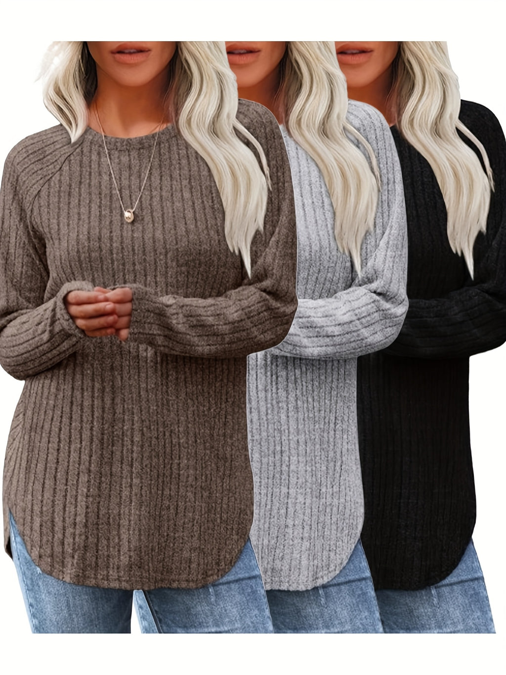 Lot De 3 Pulls Femme Élégants Col Rond Manches Longues Doux Et Légers Minimalistes Pour Le Quotidien by LSDLBoutique.ch