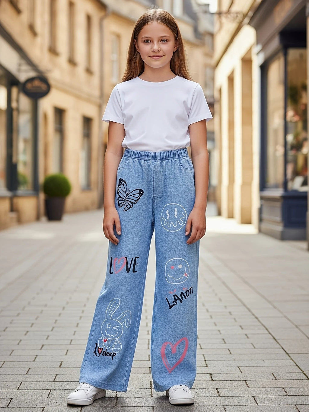 Originale Graffiti-Jeans für Mädchen, bedruckt mit Street-Graffiti, Herbst, dick