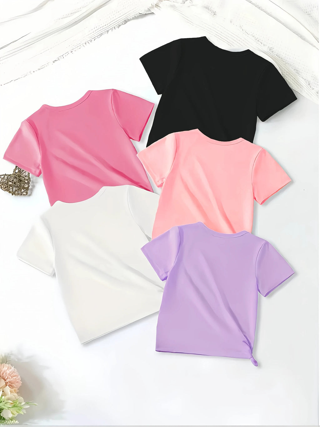 Set mit 5 Mädchen-T-Shirts aus Polyester mit Herzmuster, sommerlich-lässig-klassisch