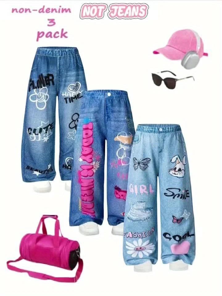 Not Jeans Mädchen-Lange Hosen, 3er-Pack, Graffiti-Buchstaben und Blumen