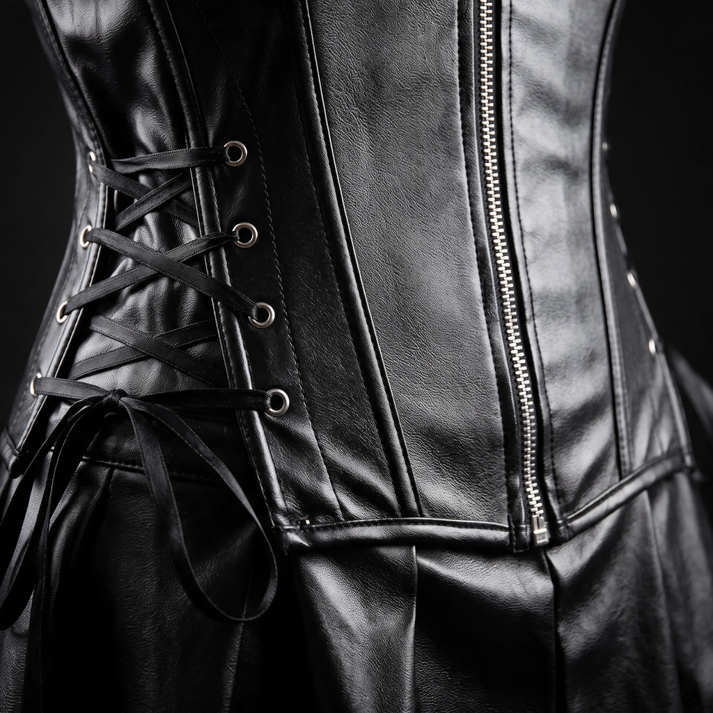 Korsett-Bustier und Mini-Rock mit Schnürung – Schwarz / Rot