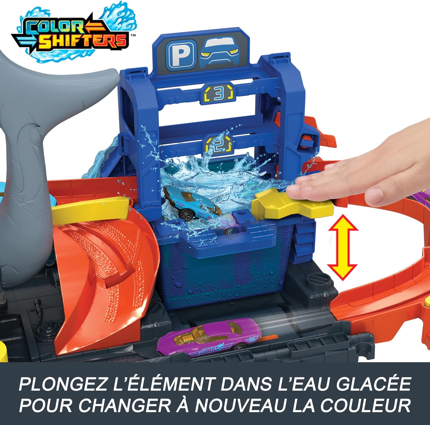 Hot Wheels Let’s Race Netflix - City Station de Lavage Requin Coffret Piste de Course avec Voiture Color Reveal à l’échelle 1/64, Fonction de Changement de Couleur et Rangement, HTN82