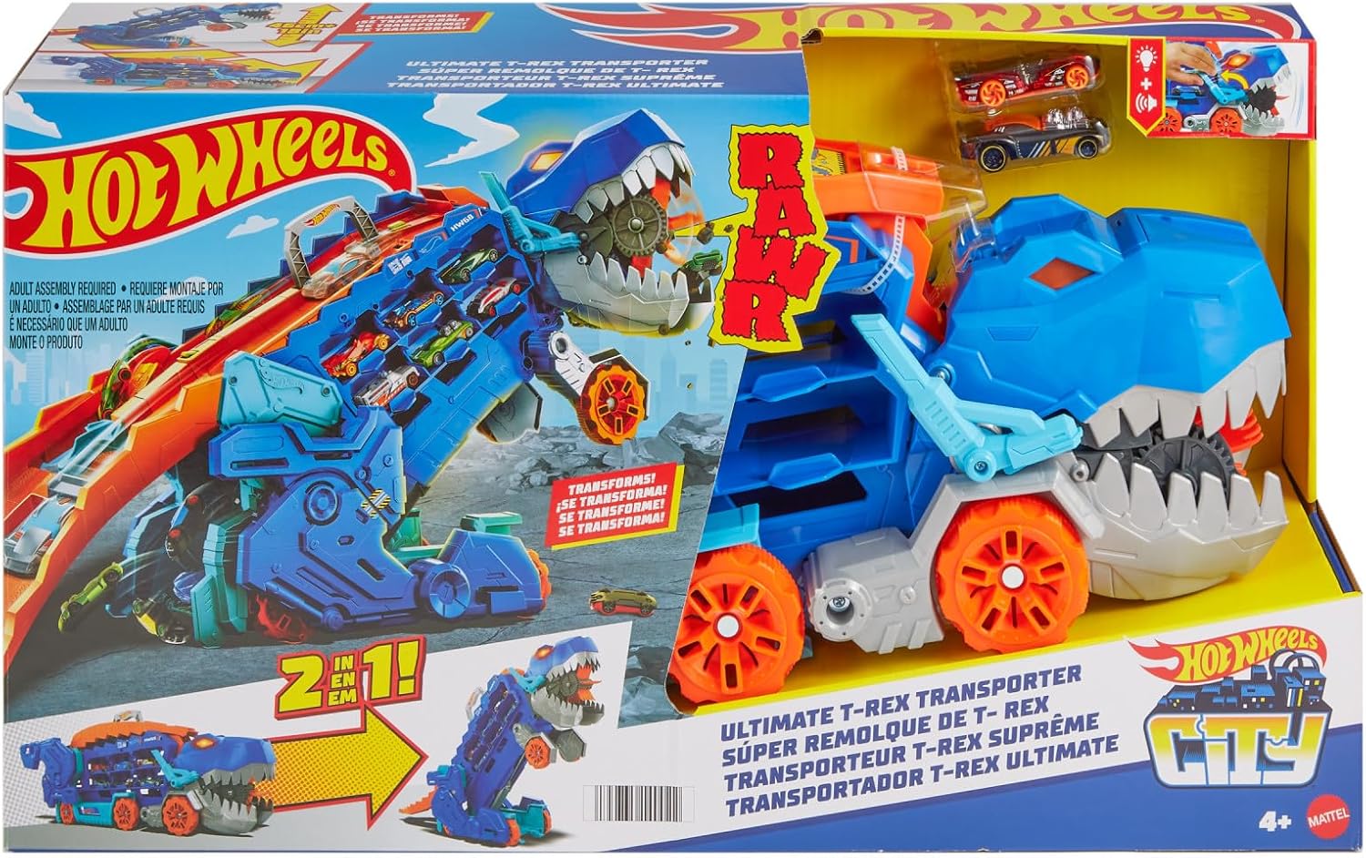 Hot Wheels Let’s Race Netflix - Camion City Transporteur T-Rex Qui Se Cabre pour Se Transformer en T-Rex avec Piste De Course, Lumières Et Sons, Jouet Enfant, Dès 3 Ans, HNG50