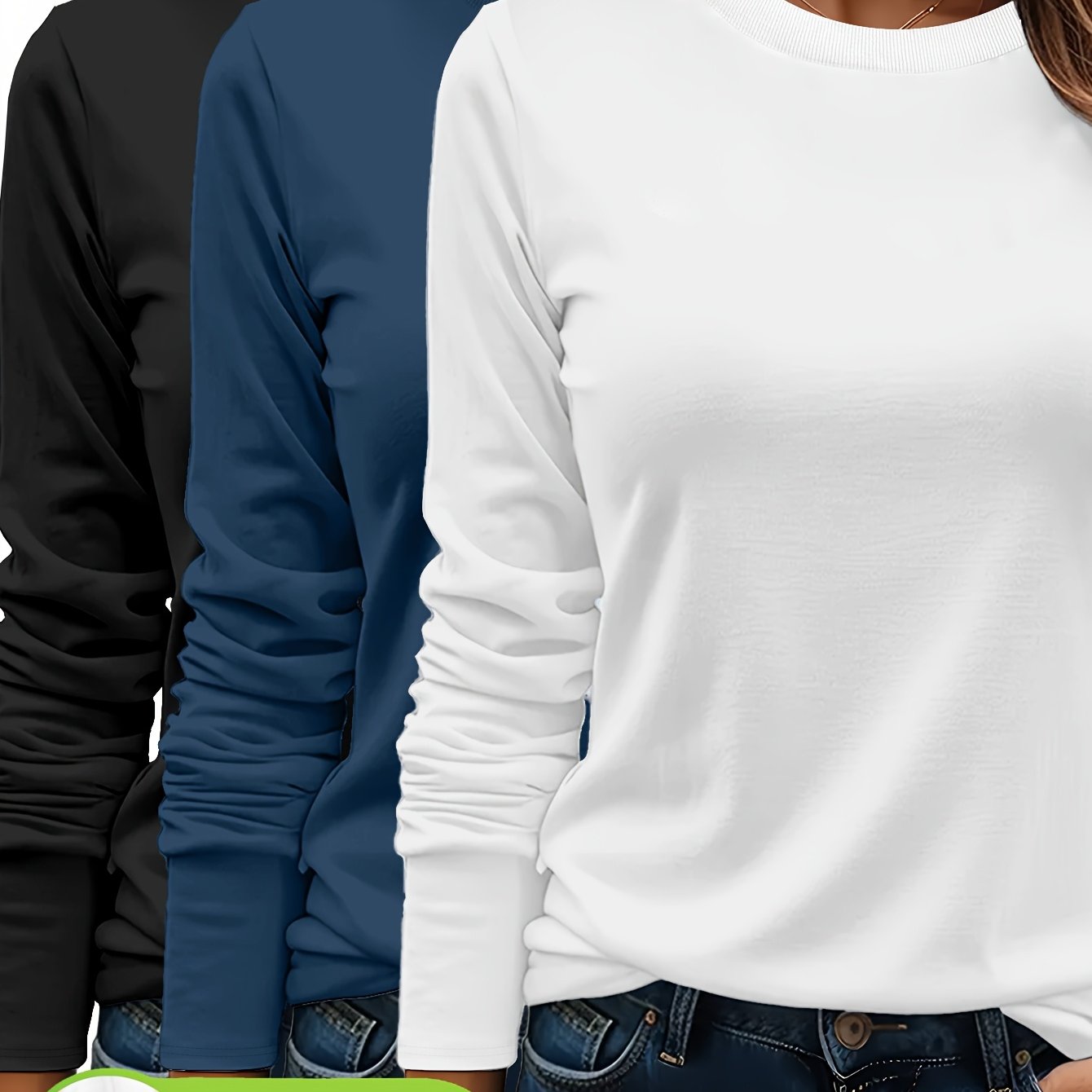 Lot De Trois T Shirts Femme Manches Longues Col Rond Coton 100 Pour Cent Confort Casual Basique by LSDLBoutique.ch