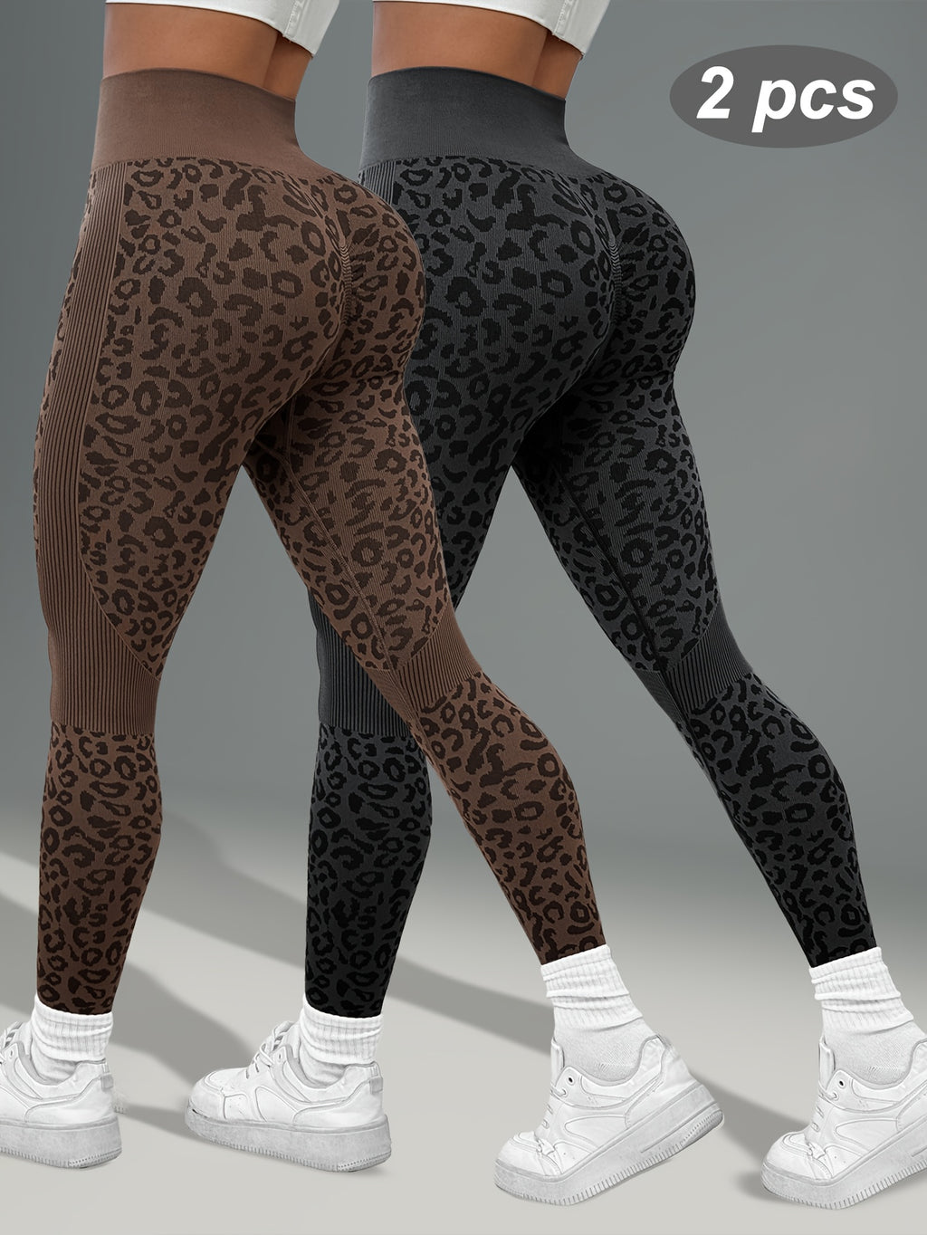 Lot de 2 Leggings Femme Taille Haute Imprimé Léopard Gainant Tissu Respirant et Opaque pour Yoga Fitness by LSDLBoutique.ch