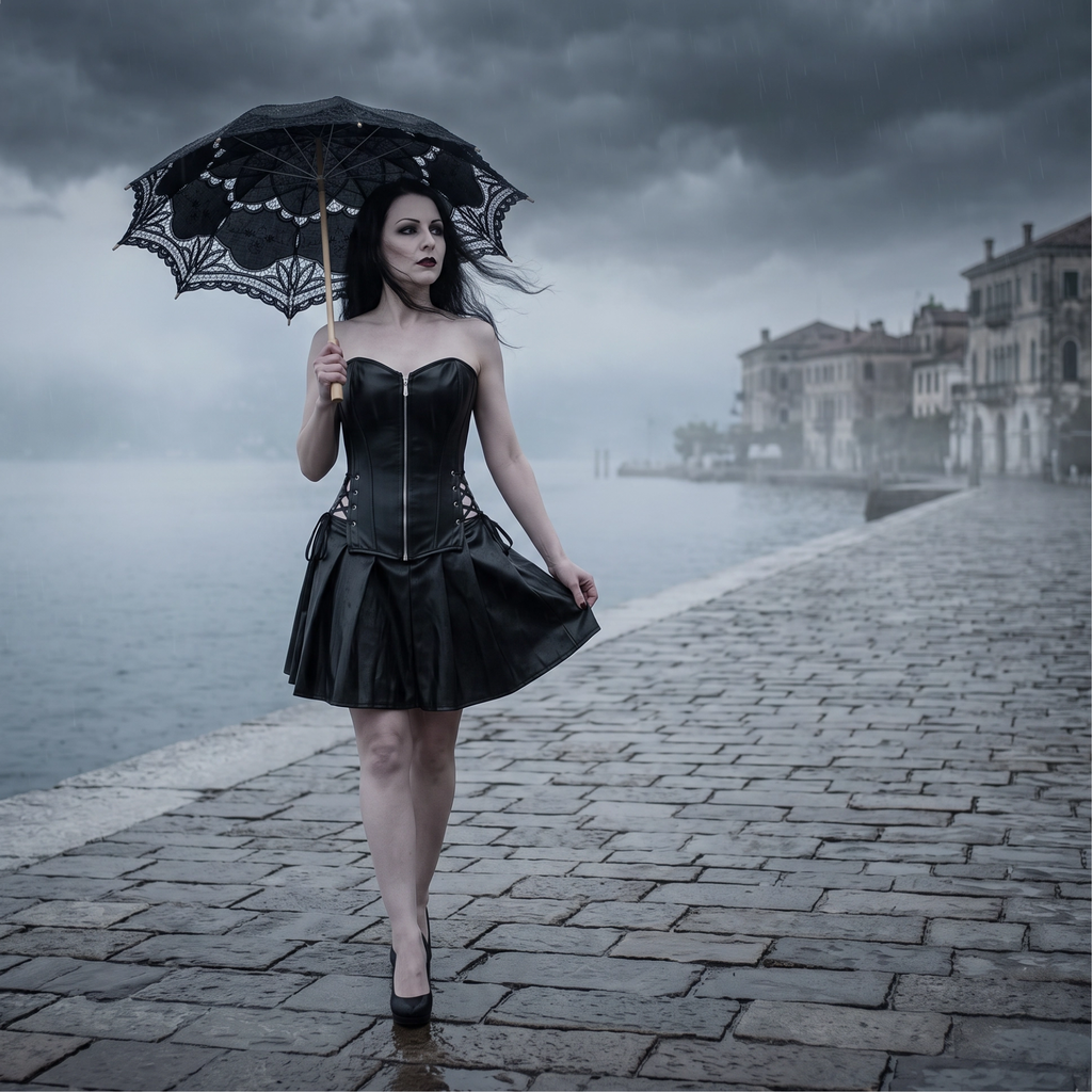 Korsett-Bustier und Mini-Rock mit Schnürung – Schwarz / Rot