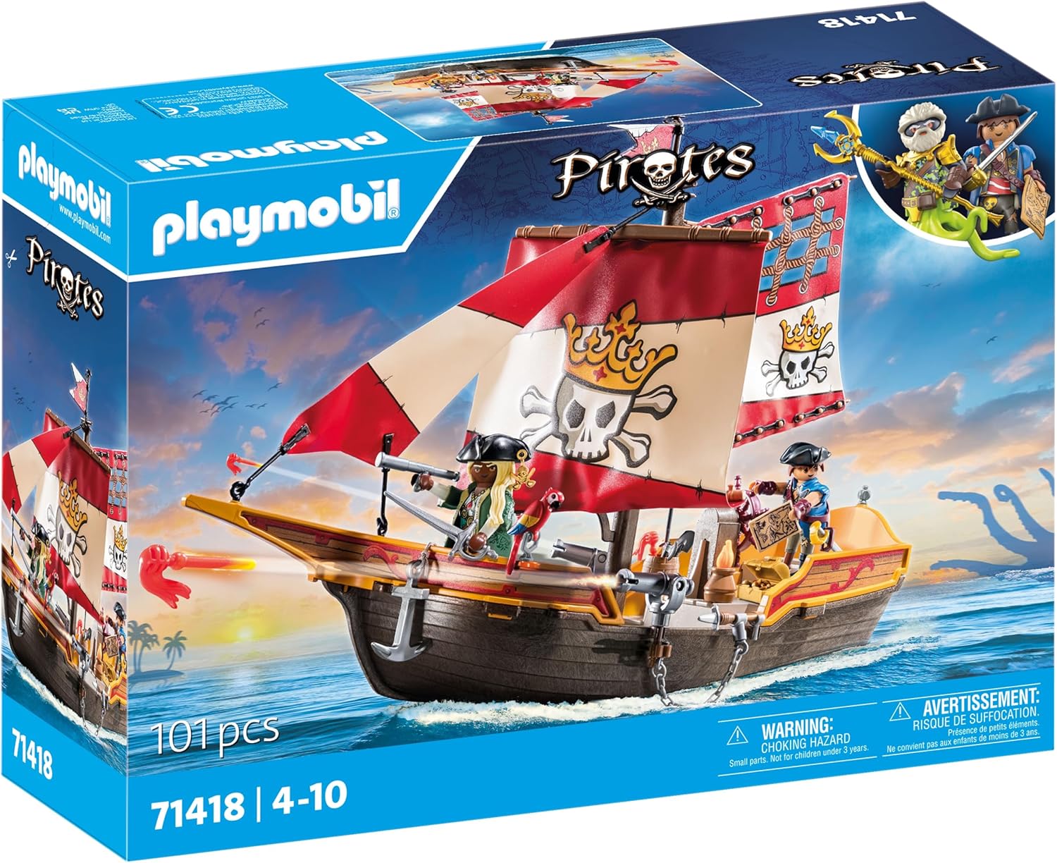 Playmobil 71418 Chaloupe des Pirates, Le Bateau Flotte et Peut être équipé d'un Moteur Submersible, avec des voiles Mobiles, des canons Mobiles et inclinables, Univers Pirates pour Enfants dès 4 Ans