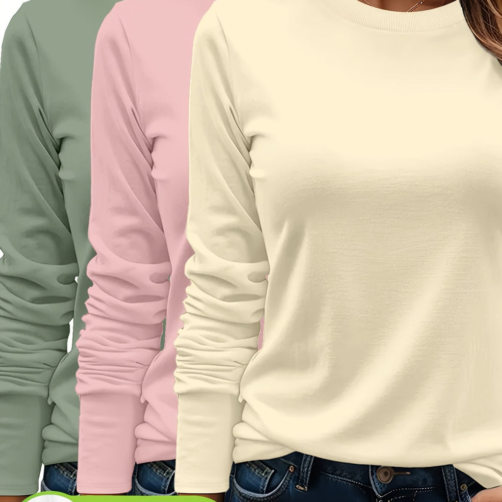 Lot De Trois T Shirts Femme Manches Longues Col Rond Coton 100 Pour Cent Confort Casual Basique by LSDLBoutique.ch