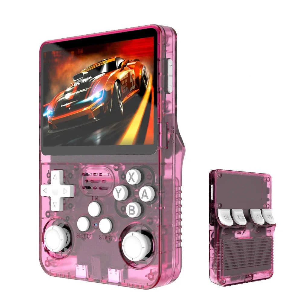 Retro Gaming Starter Pack bundle: pink translucent handheld console with white buttons and detachable module