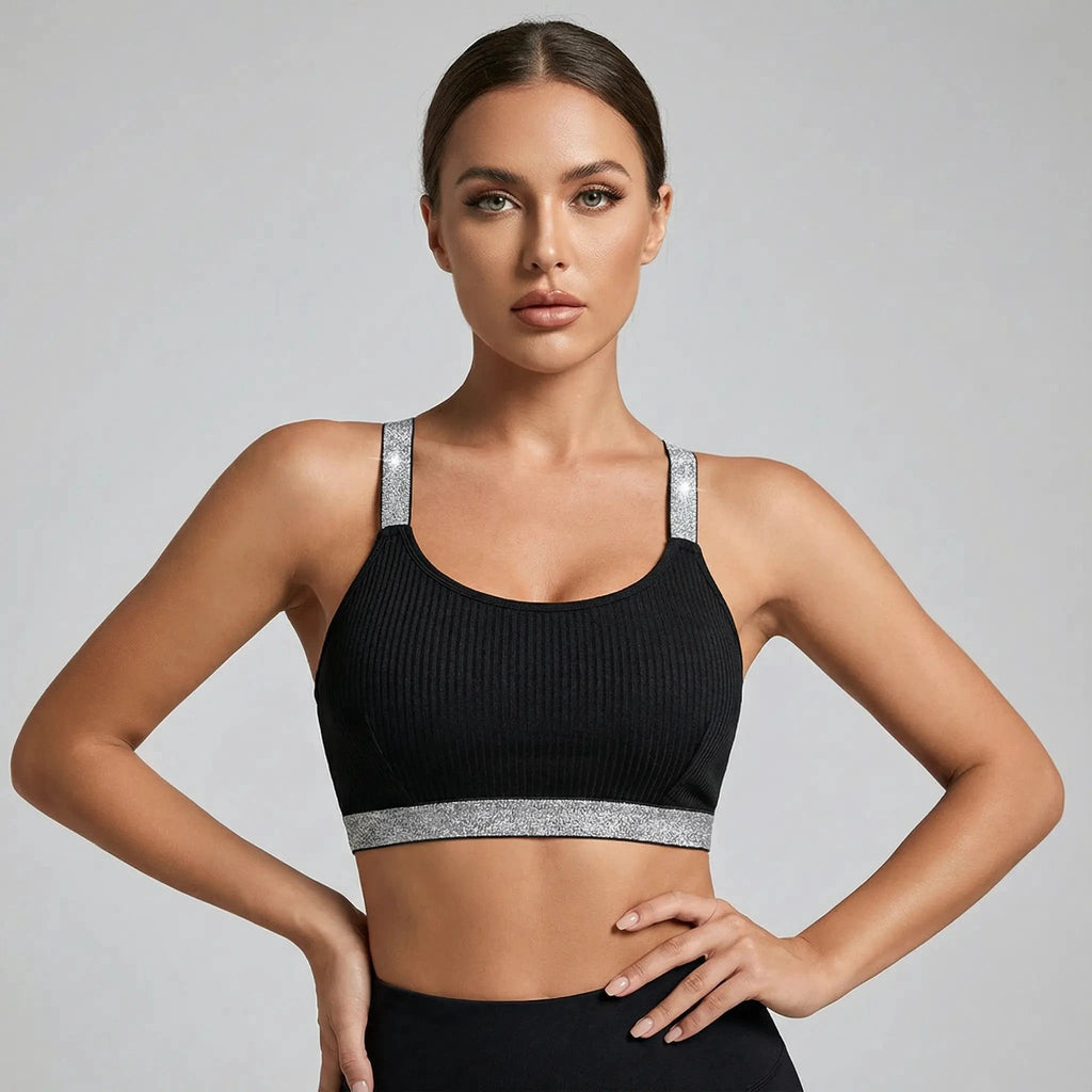 Schwarzes, geripptes Push-up-Bralette mit offenem Rücken und silbernen Trägern
