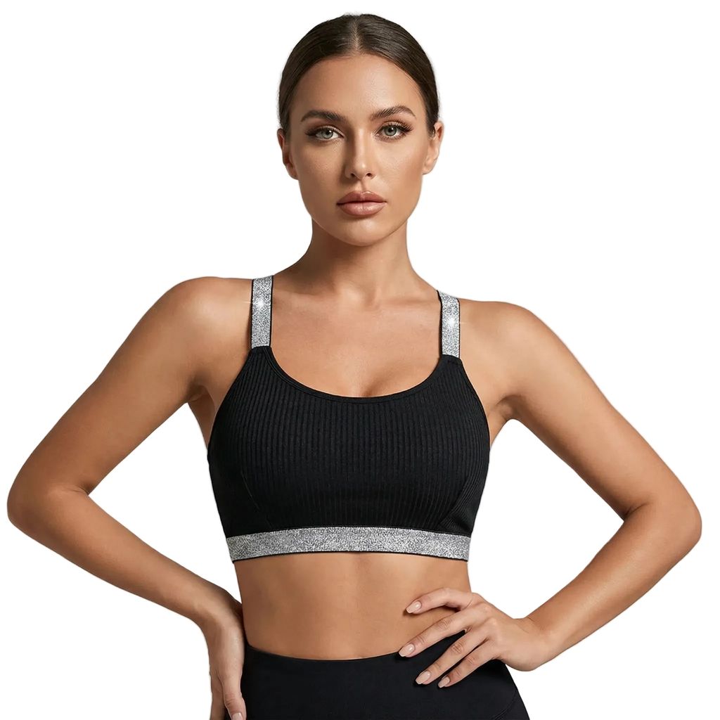 Schwarzes, geripptes Push-up-Bralette mit offenem Rücken und silbernen Trägern